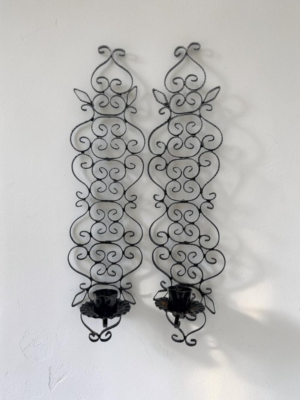 Vintage Spanish Revival Black Wrought Iron Wall Candle Sconces Pair 14.5"